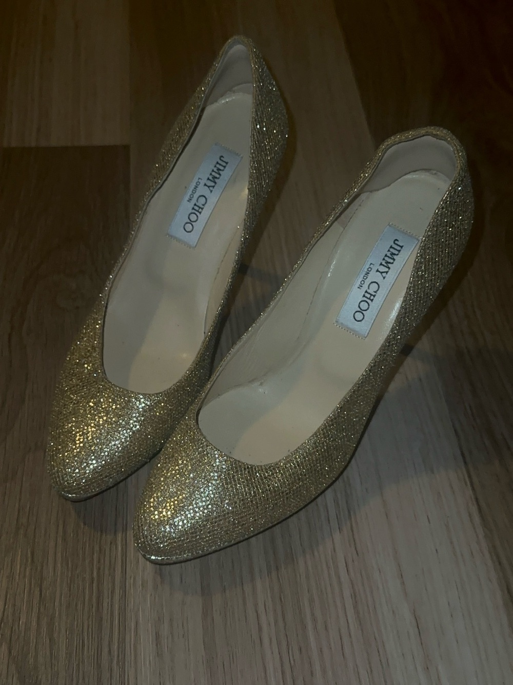 Jimmy Choo Gold Glitter Pointed Toe Pumps